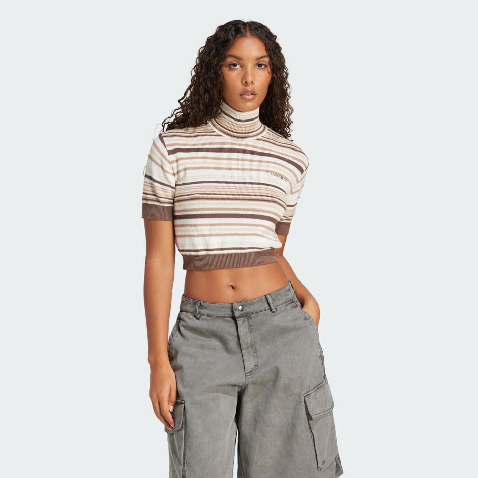 CLOTHING - Striped Cropped Turtleneck - Brown | adidas Oman