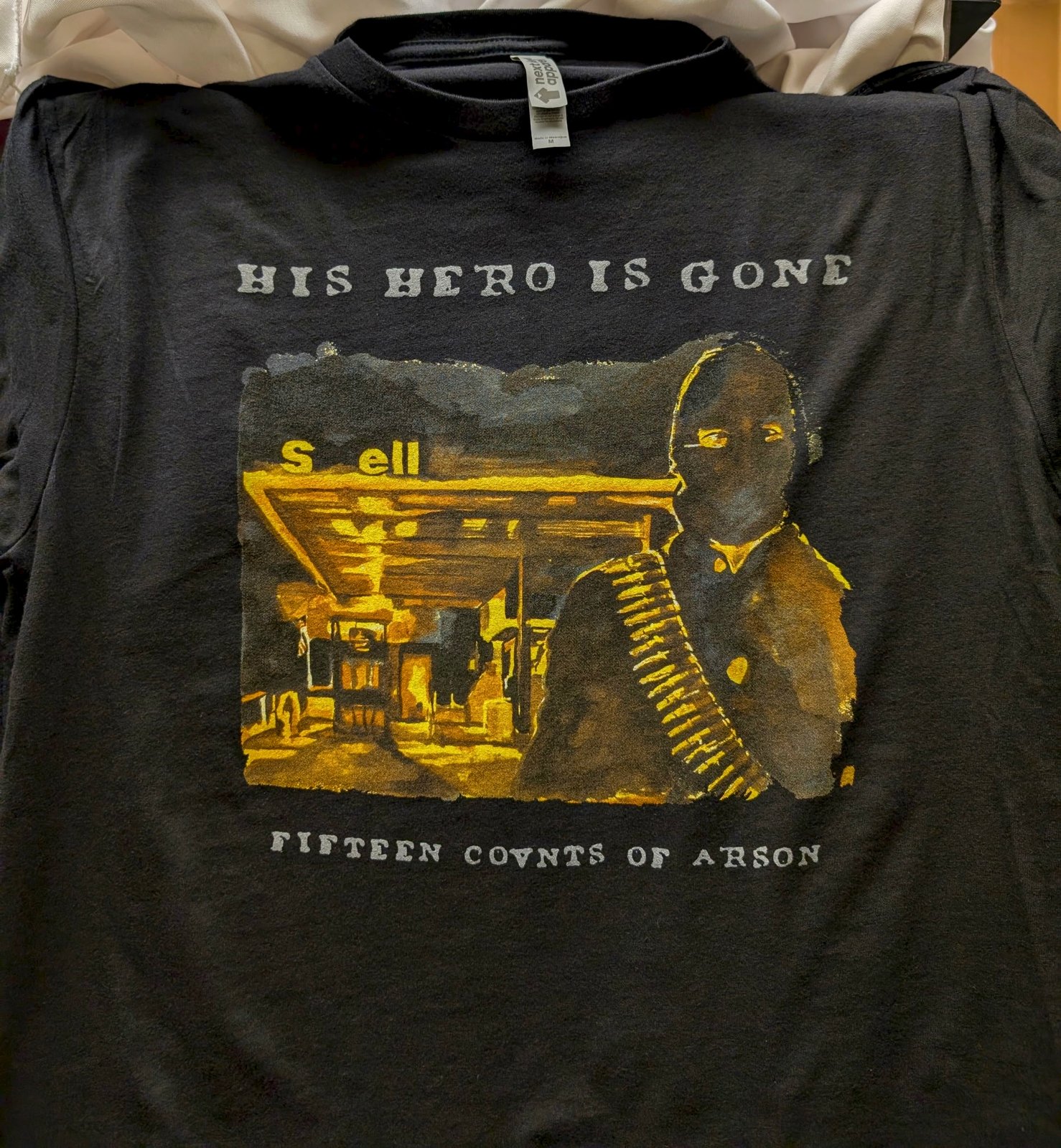 His Hero is Gone t-shirt, Fifteen Counts of Arson, five color