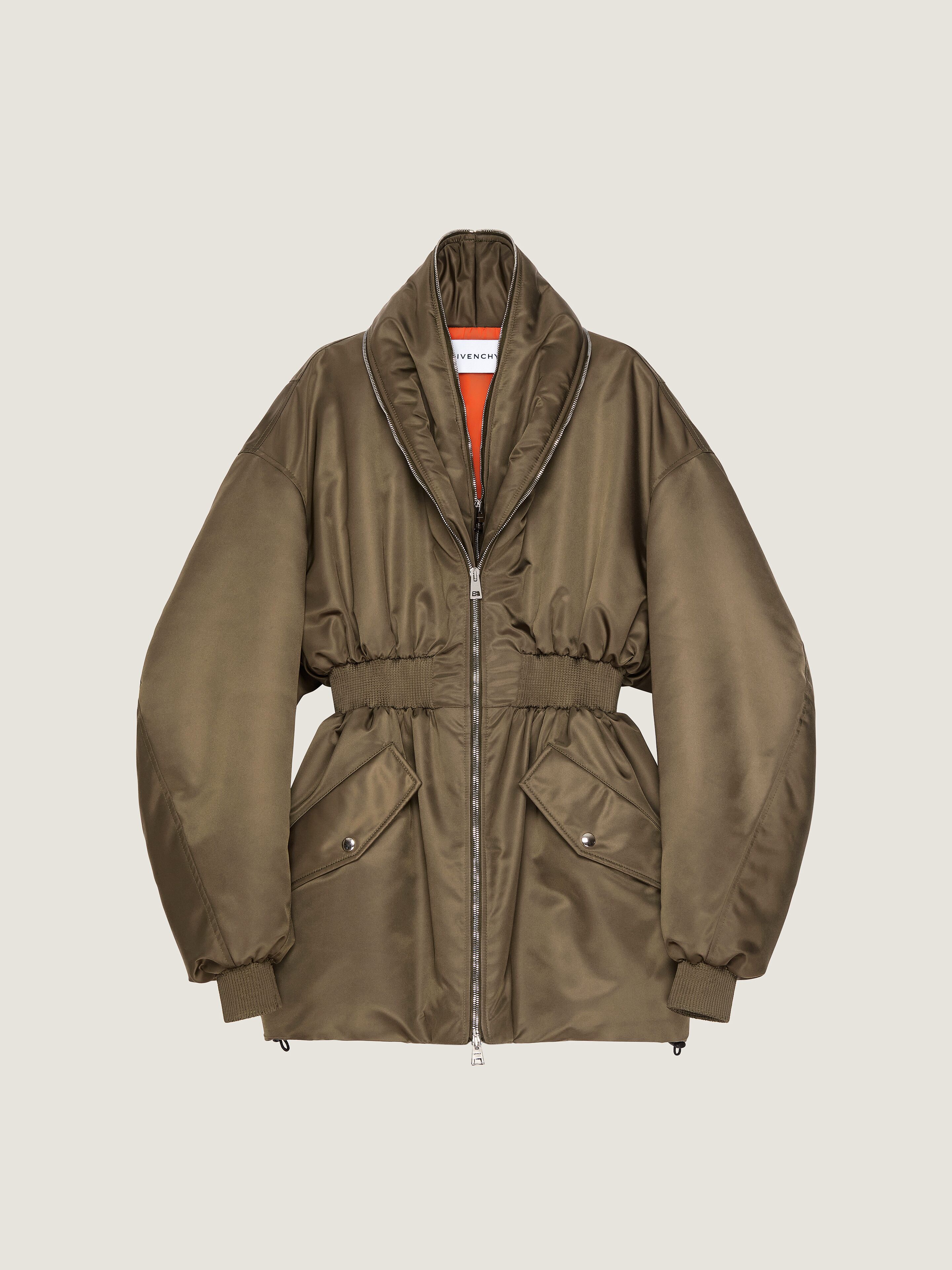 Hourglass bomber with zipped shawl collar in nylon - khaki in