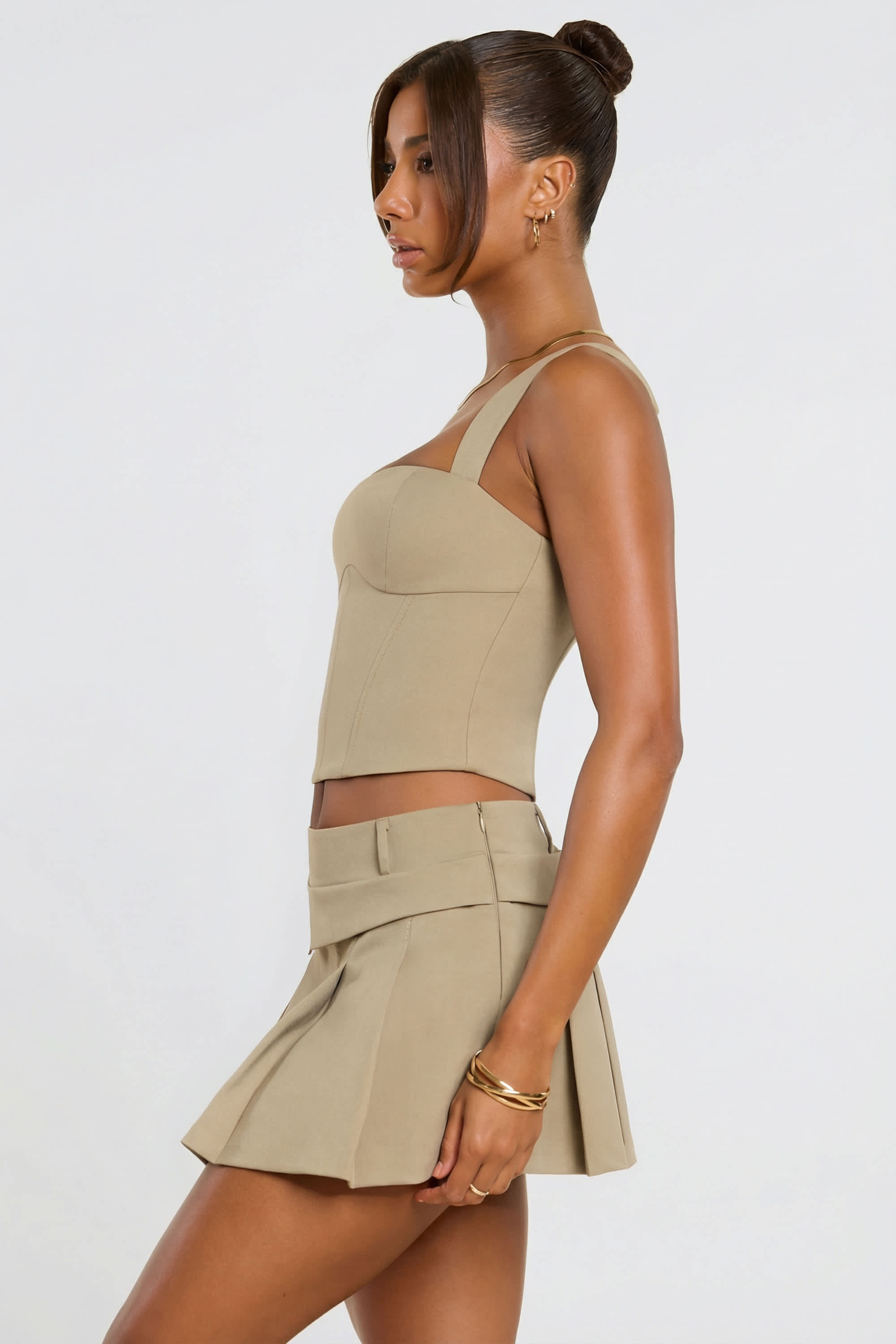 Maize Woven Wool Double Waistband Mid Rise Pleated Micro Mini