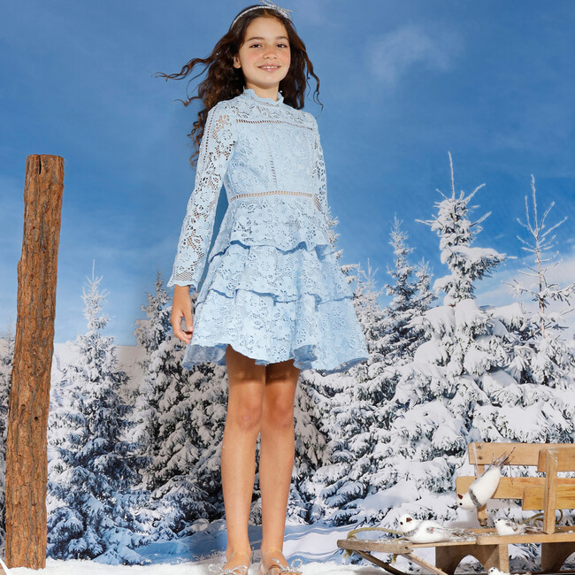 Layla Long Sleeve Tiered Frill Full Skirt Mini Dress, Powder Blue