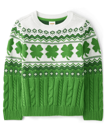Boys Long Sleeve Shamrock Fairisle Cable Knit Sweater - Little