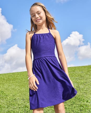 Girls Sleeveless Tie Back Knit Jacquard Halter Dress - PURPLE