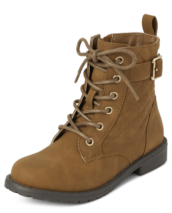Girls Quilted Buckle Faux Leather Lace-Up Boots - TAN | The