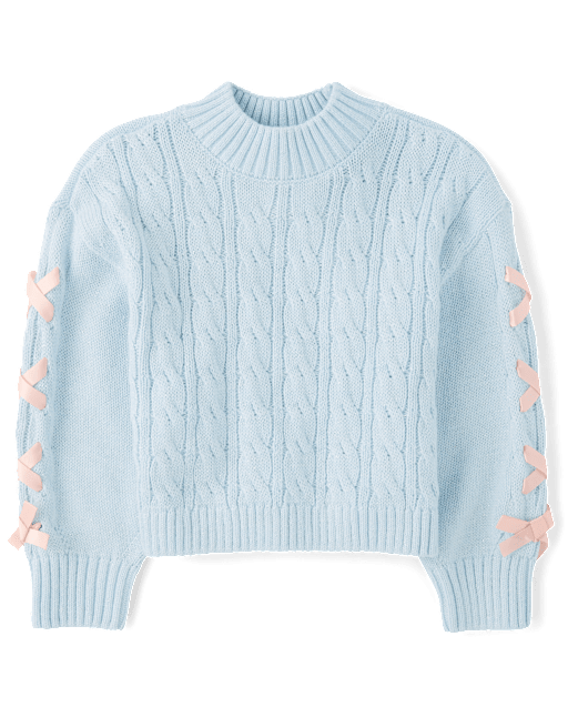 Girls Long Sleeve Ribbon Cable Knit Sweater - BLUE | The