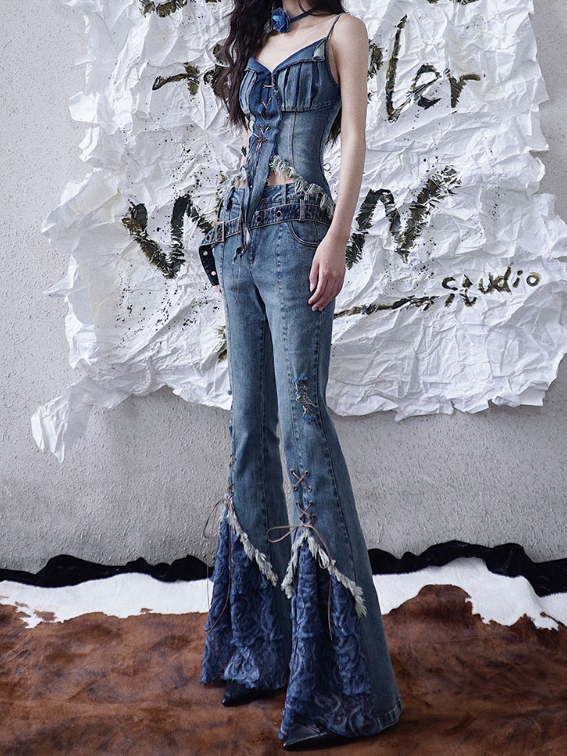 Splicing Lace-Up Flare Jeans – ARCANA ARCHIVE