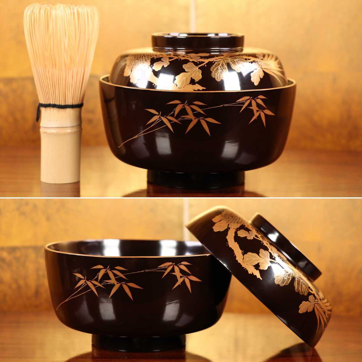 CB36 超絶技巧時代輪島塗 黒塗四君子本金蒔絵椀二客 高盛梨地細密切金