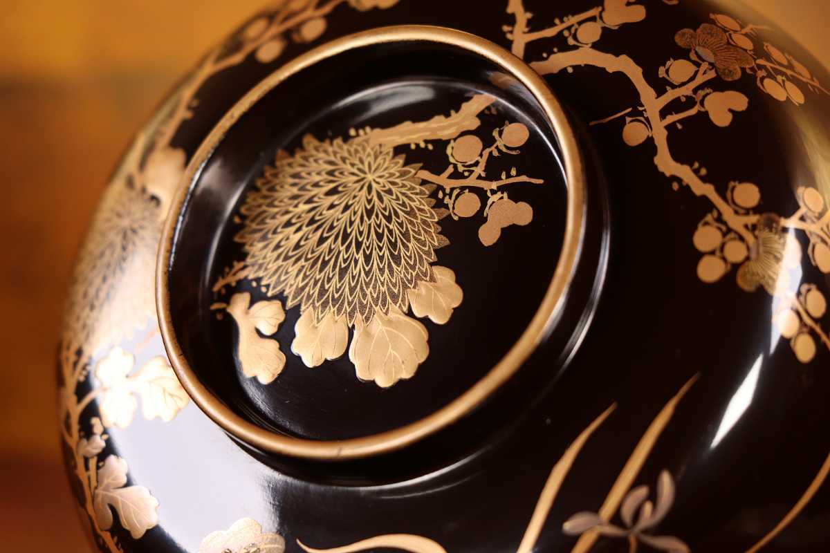 CB36 超絶技巧時代輪島塗 黒塗四君子本金蒔絵椀二客 高盛梨地細密切金
