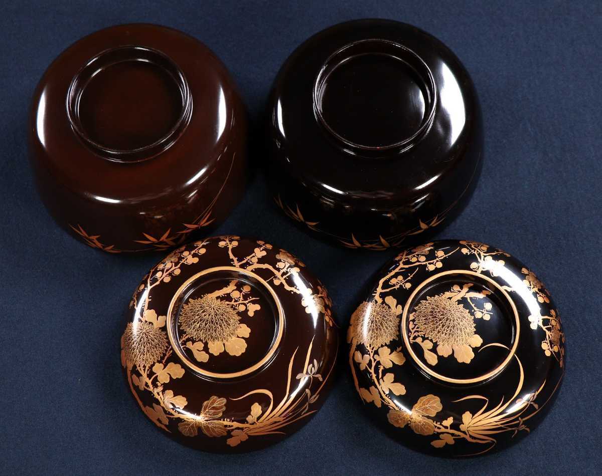 CB36 超絶技巧時代輪島塗 黒塗四君子本金蒔絵椀二客 高盛梨地細密切金