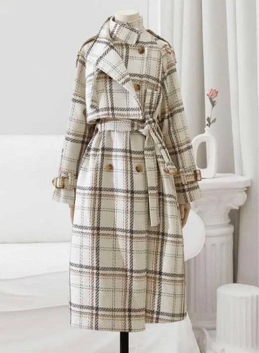 Cherie様専用 ロングコート アイボリーホワイト チェック柄 トレンチ