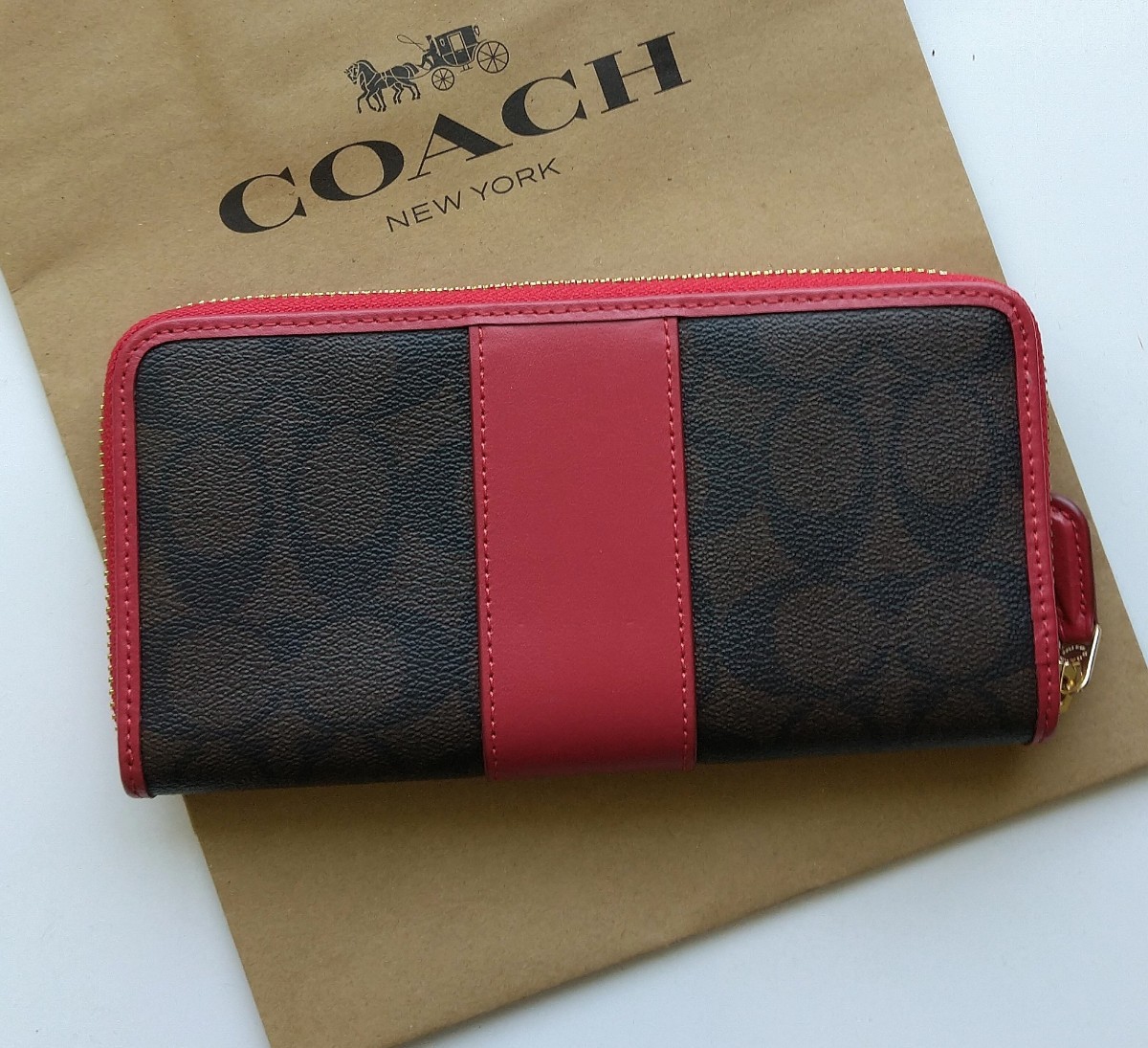 新品】COACH コーチ 長財布 シグネチャー ブラウン レッド｜Yahoo