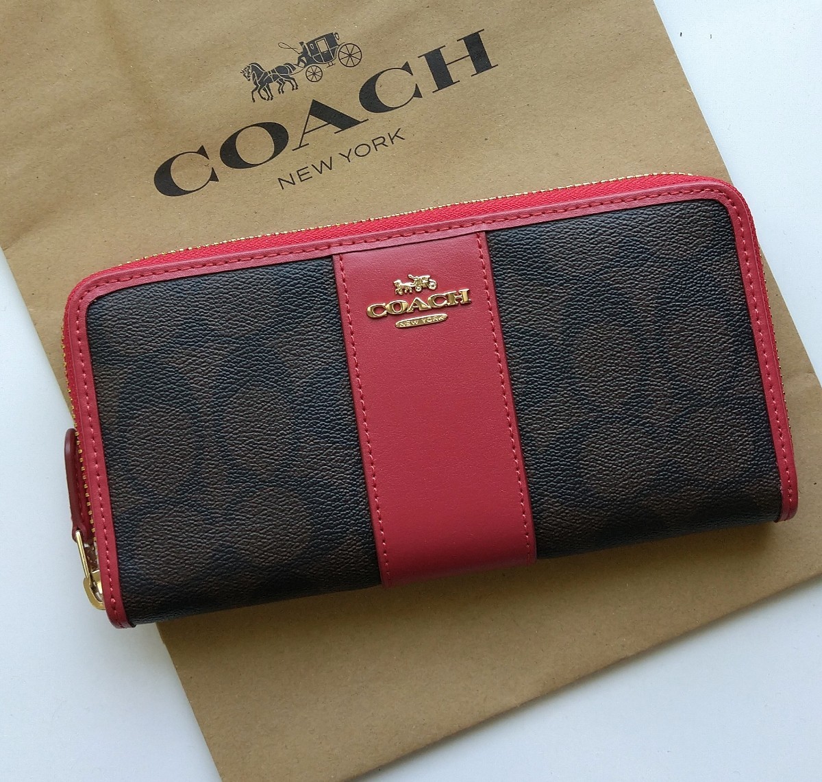 新品】COACH コーチ 長財布 シグネチャー ブラウン レッド｜Yahoo