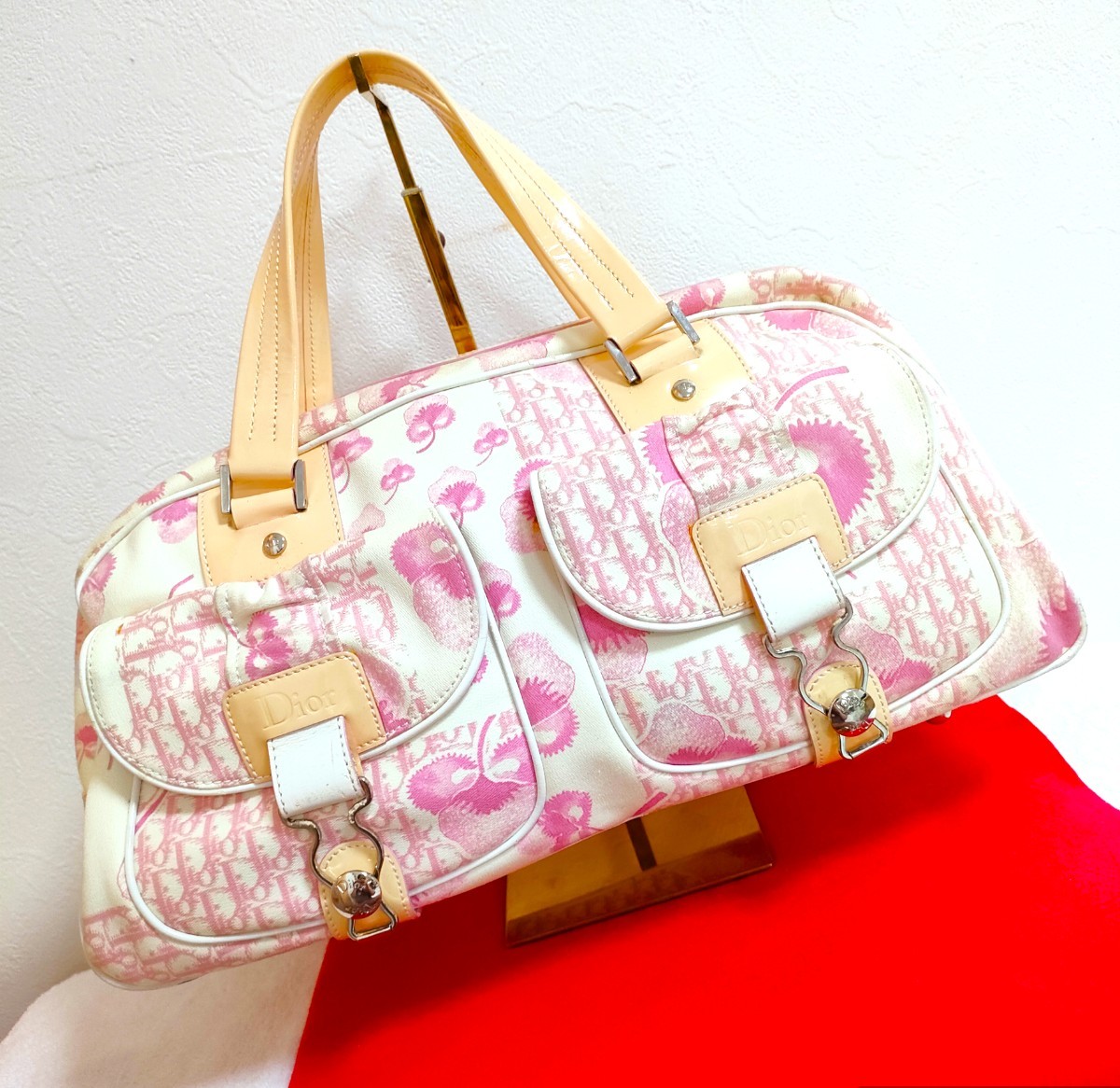 美品 希少 Dior 花柄 ピンク トロッター ハンドバッグ ディオール