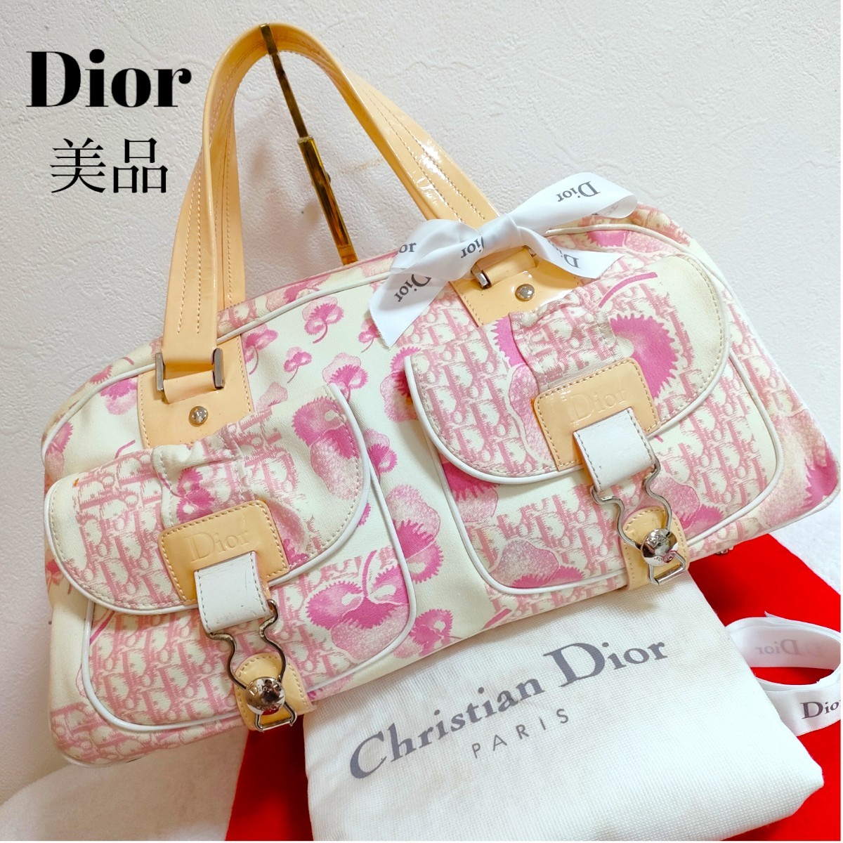 美品 希少 Dior 花柄 ピンク トロッター ハンドバッグ ディオール