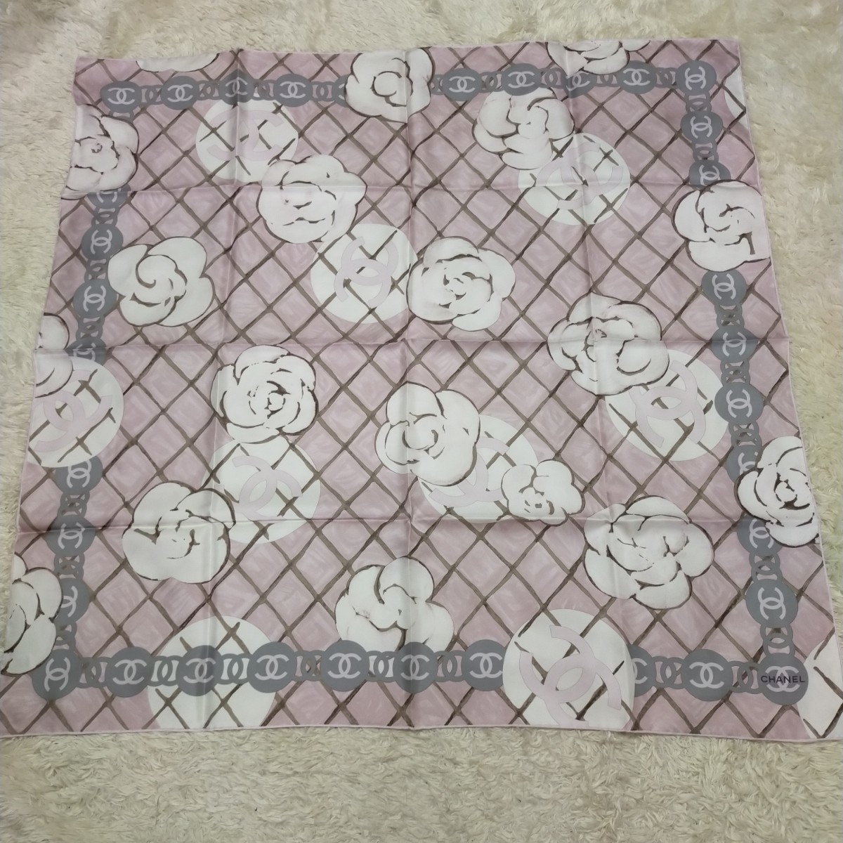 CHANEL シャネル ココマーク カメリア 花 ピンク 大判スカーフ シルク