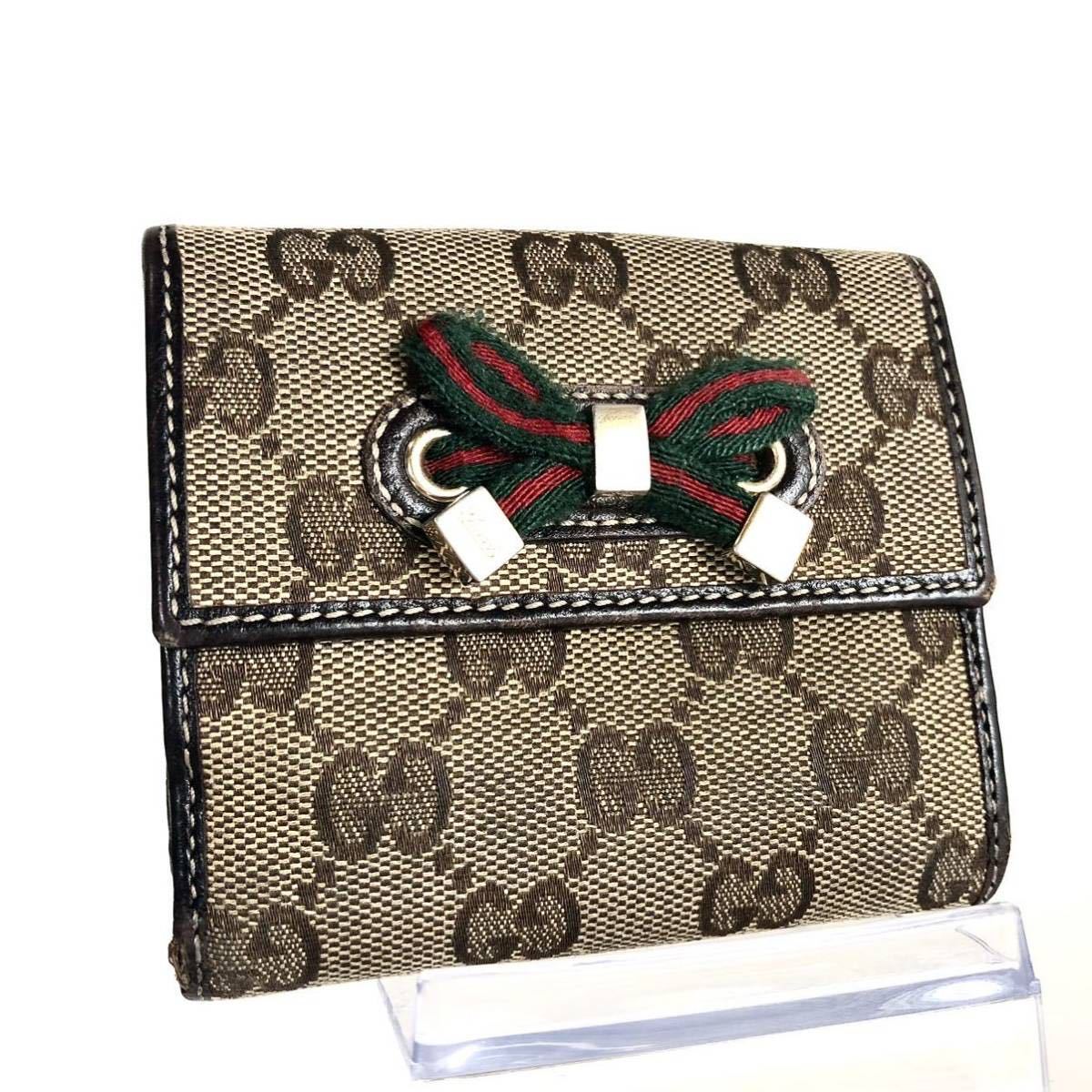 GUCCI グッチ 三つ折り長財布 シェリーライン GGキャンバス リボン