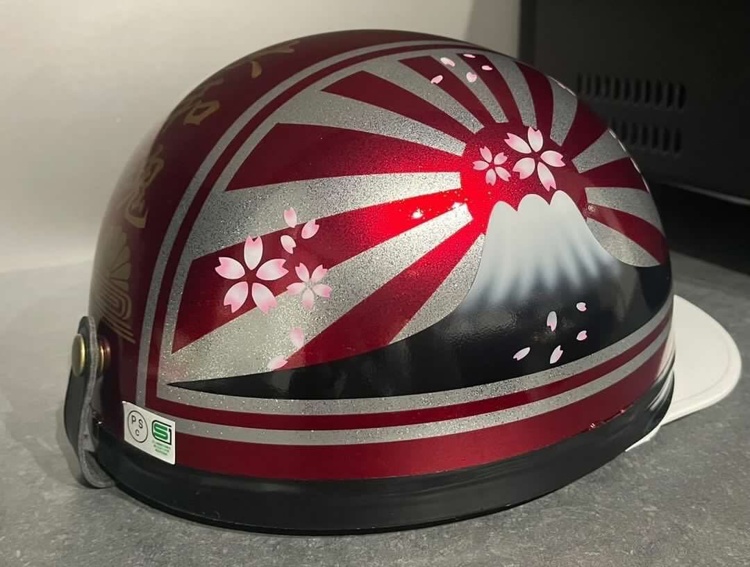 送料無料 レッドラメ 桜 富士日章 コルク半 ヘルメット 旧車會 暴走族