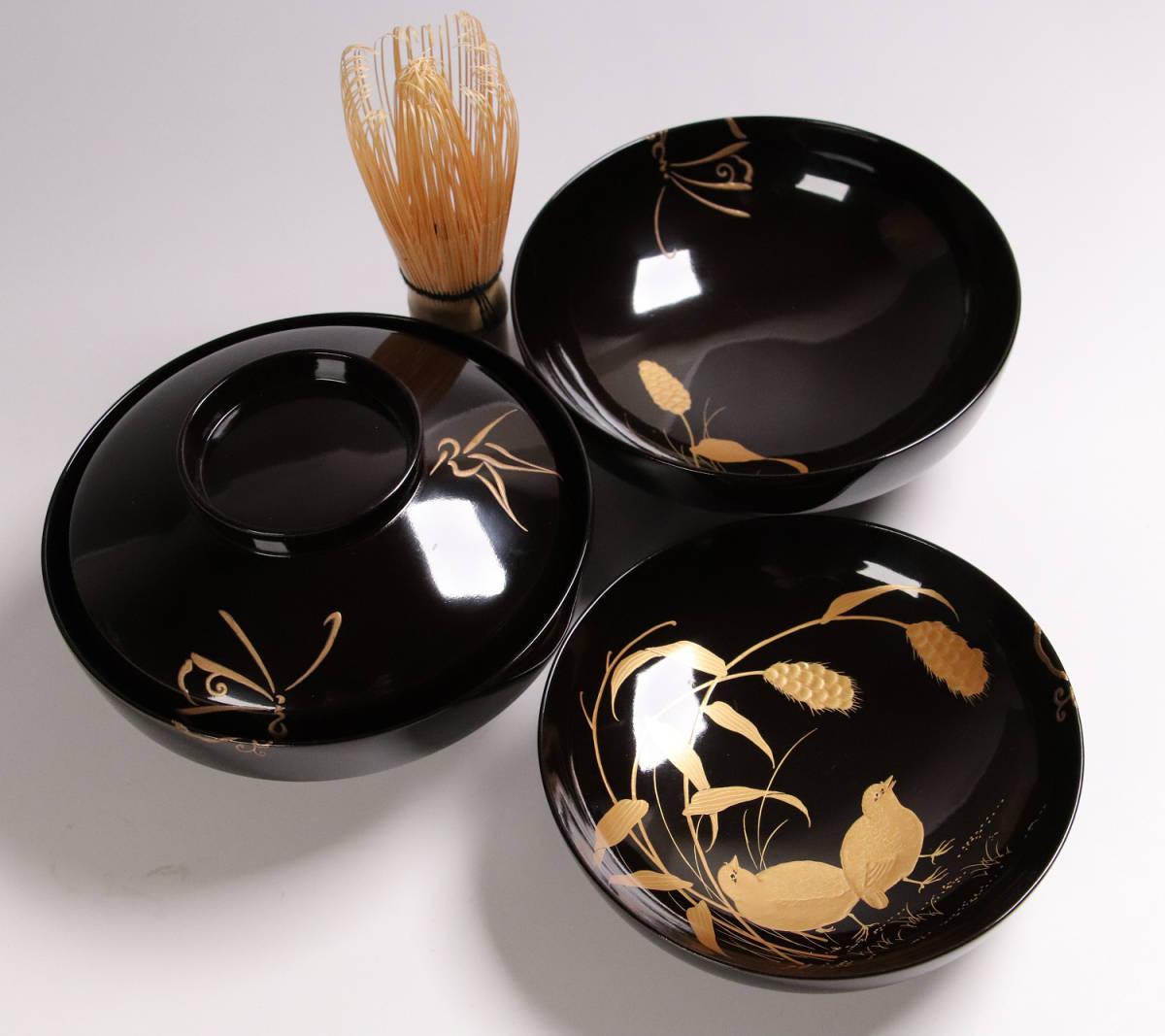漆器輪島塗 【雲】時代 木製漆器 黒漆折鶴見返し松細密金蒔絵吸物椀