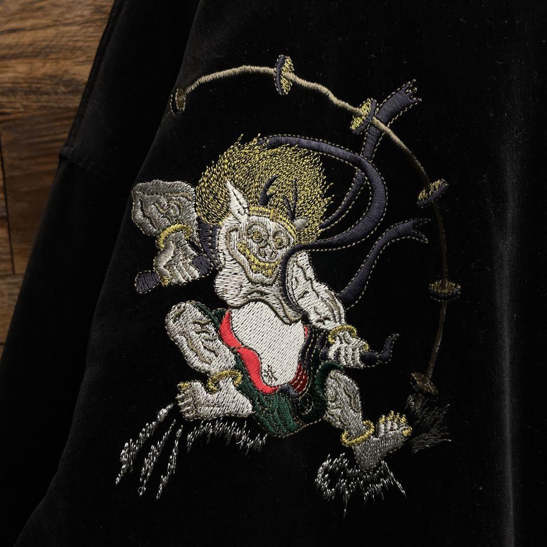 ベロアスカジャン 黒 ブラック 古着 刺繍 和柄 風神雷神 別珍