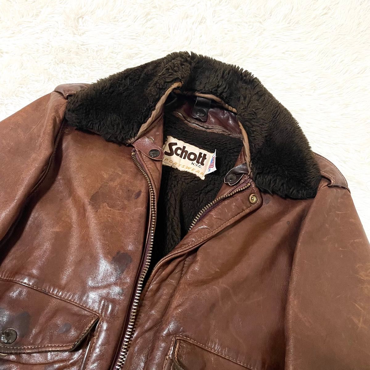 Schott A-2 G-1 フライト ボア レザー ライナー ブラウン 38 ムートン