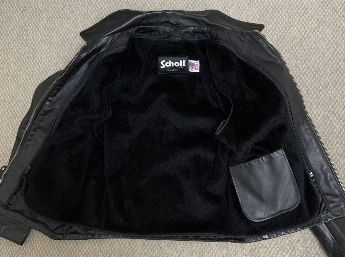 ⑨schott【40】643ライナー付 米国製 シングルライダース 牛革ジャン