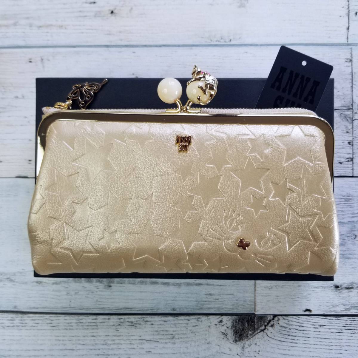 プレイングキャット新品 ANNA SUI アナスイ 本革 がま口二つ折り長財布