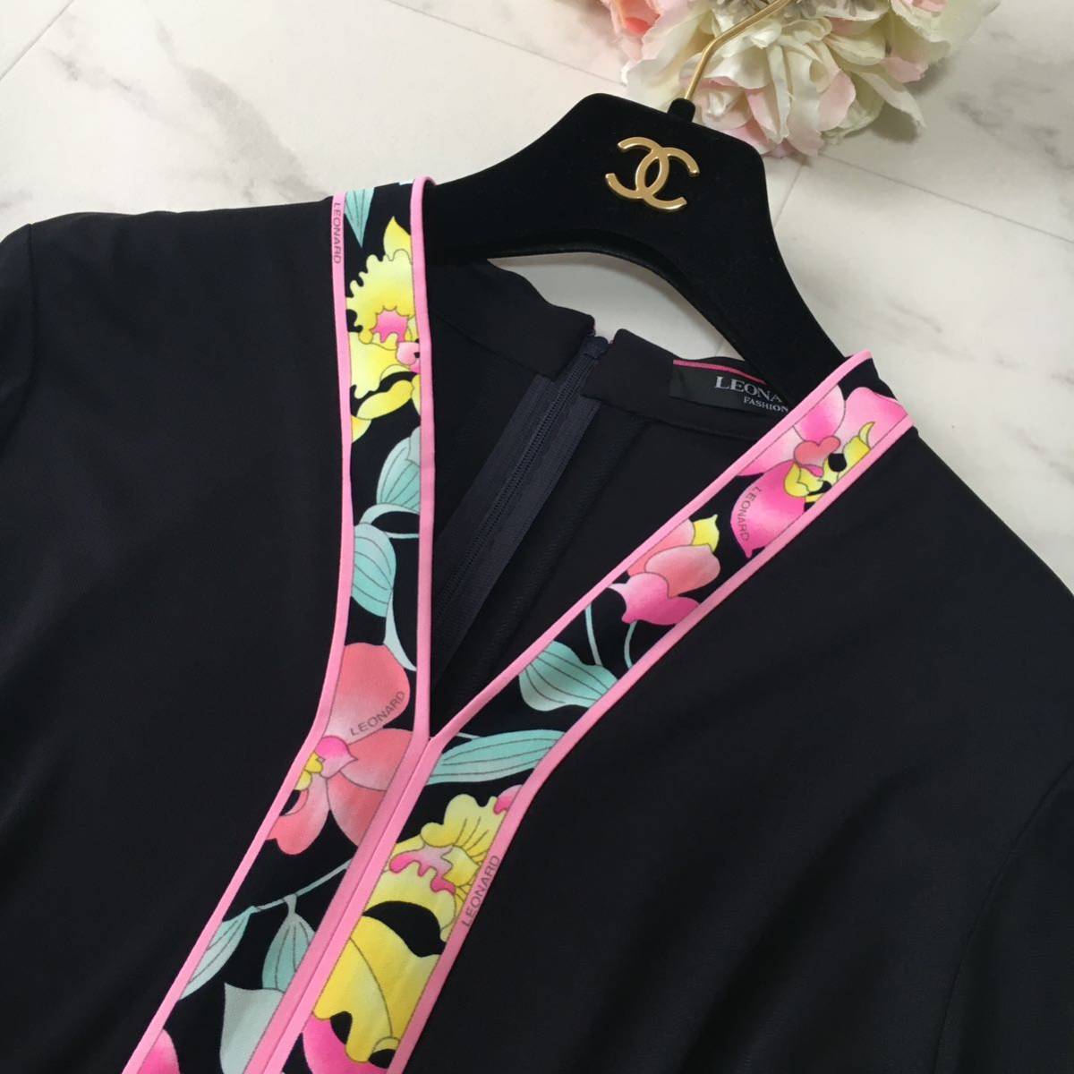美品 近年 LEONARD レオナール カンカン 花柄 ロング ワンピース 送料