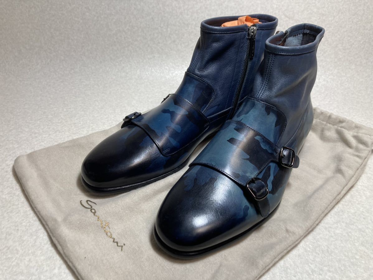 新品 サントーニ(伊) ダブルモンクストラップブーツ ネイビー迷彩