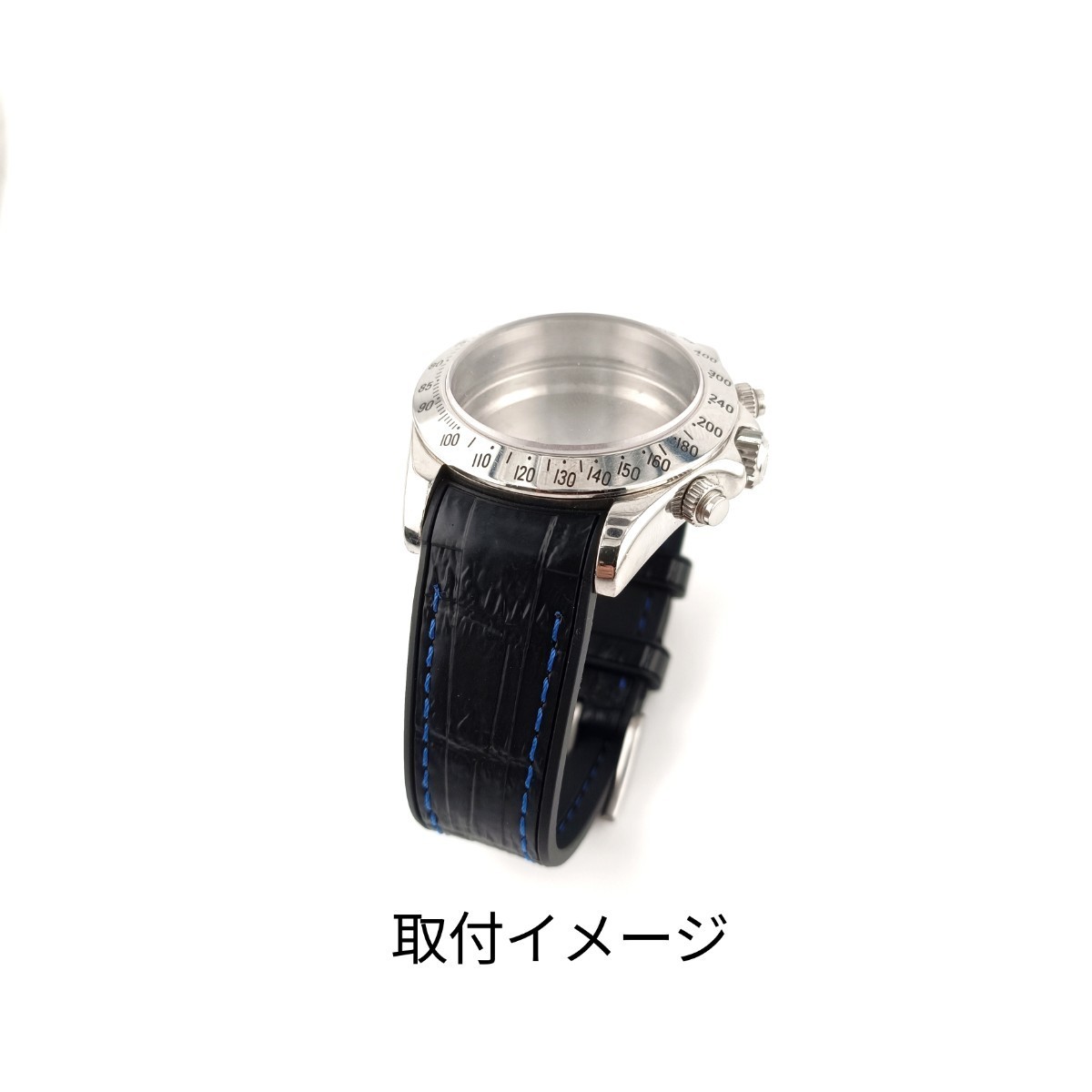 20mm レザー調 ラバーベルト ブラック×ブルー 型押し 腕時計ベルト