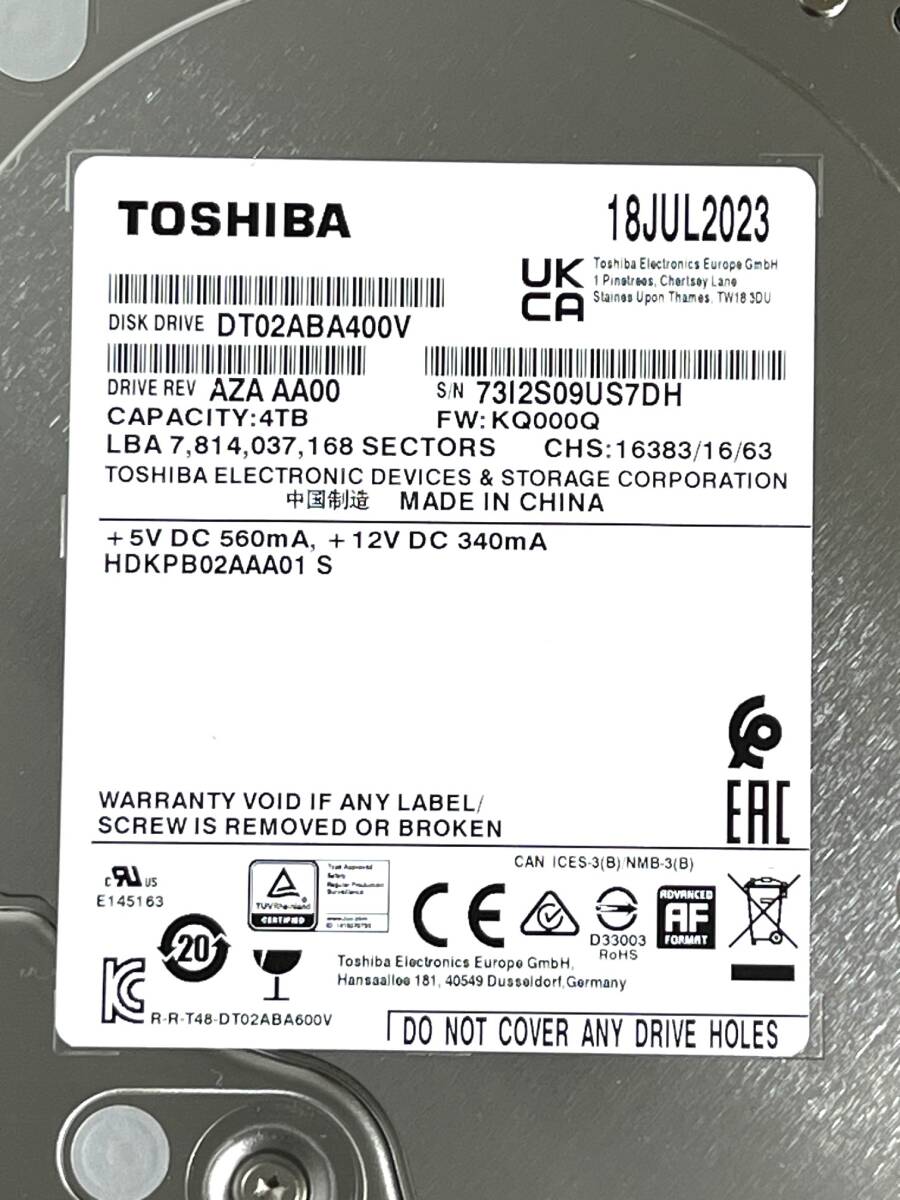 4TB TOSHIBA / DT02ABA400V 【使用時間 10 h】 2023年製 新品同様 3 5