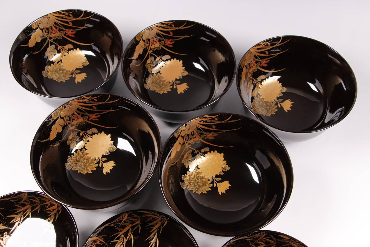 CH34 極上輪島塗 四君子金蒔絵 黒塗椀 五客 木製漆器 梨地研出切金細密