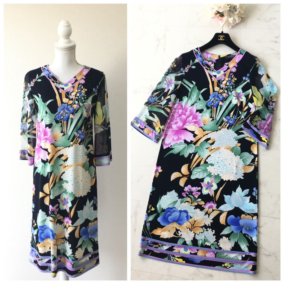 新品同様 LEONARD レオナール カンカン ストレッチ 花柄 ワンピース
