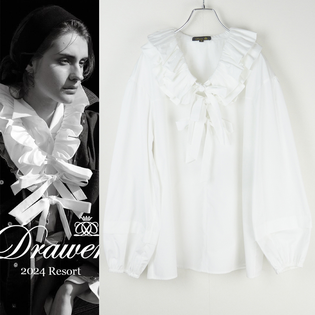 Drawer ドゥロワー 今季24SS フリルリボンブラウス38 美品 ホワイト