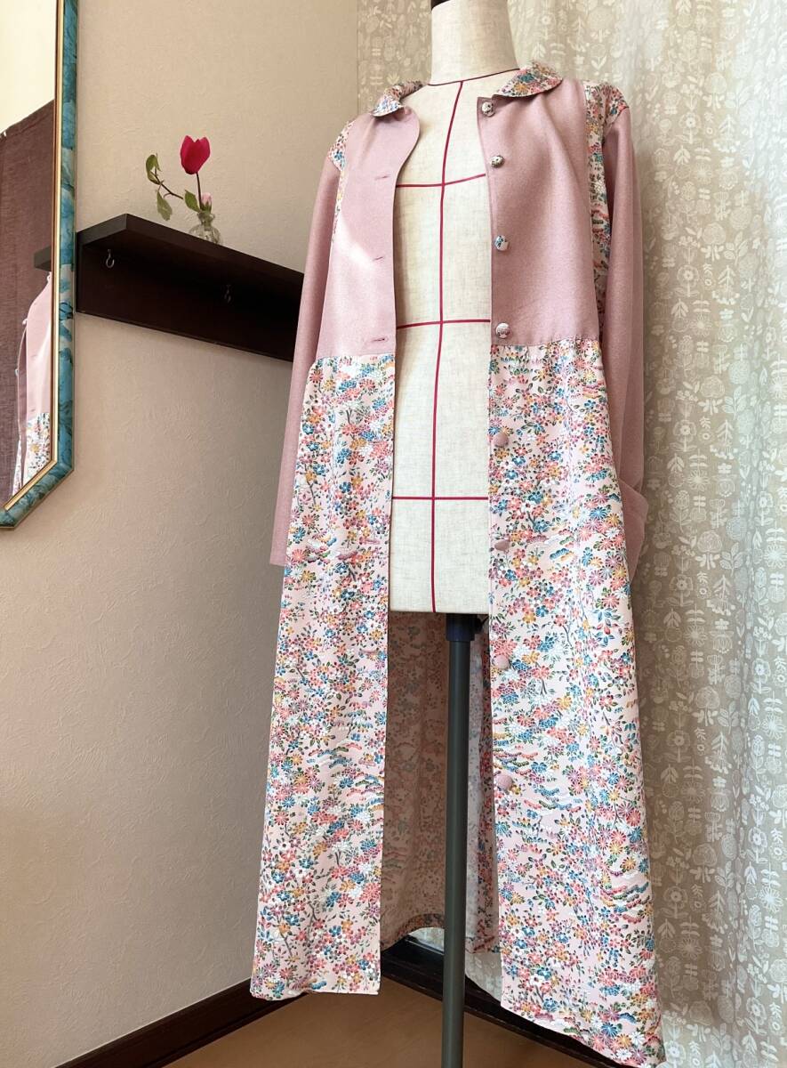 2wayワンピース Lサイズ 丸襟 花柄 ピンク 正絹 着物リメイク