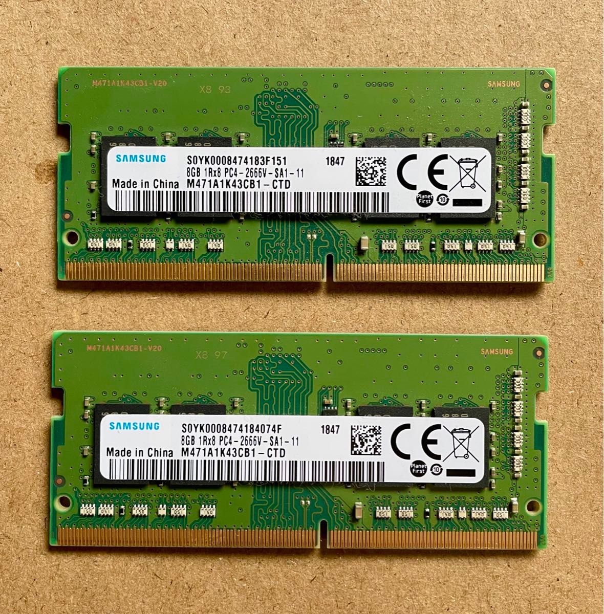8GB 2枚 16GB SAMSUNG PC4-2666V-SA1-11 1R×8 ノート用メモリ DDR4