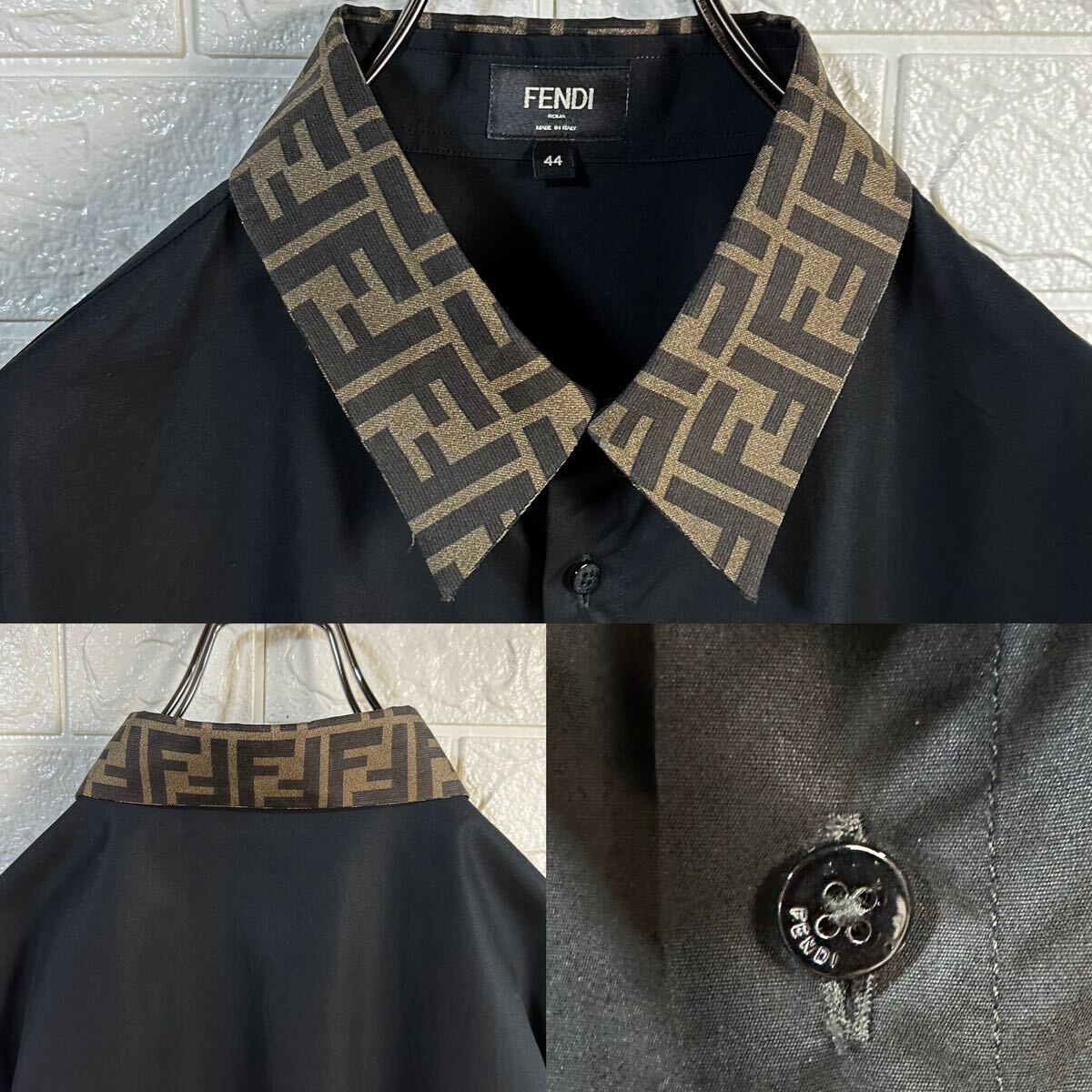 FENDI フェンディ 襟 切り替え シルク ズッカ柄 長袖 コットン シャツ