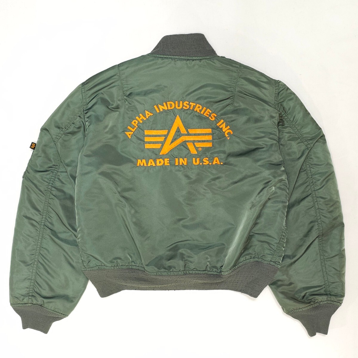 USA製ALPHAアルファ MA-1バックロゴ刺繍フライトジャケットMセージ