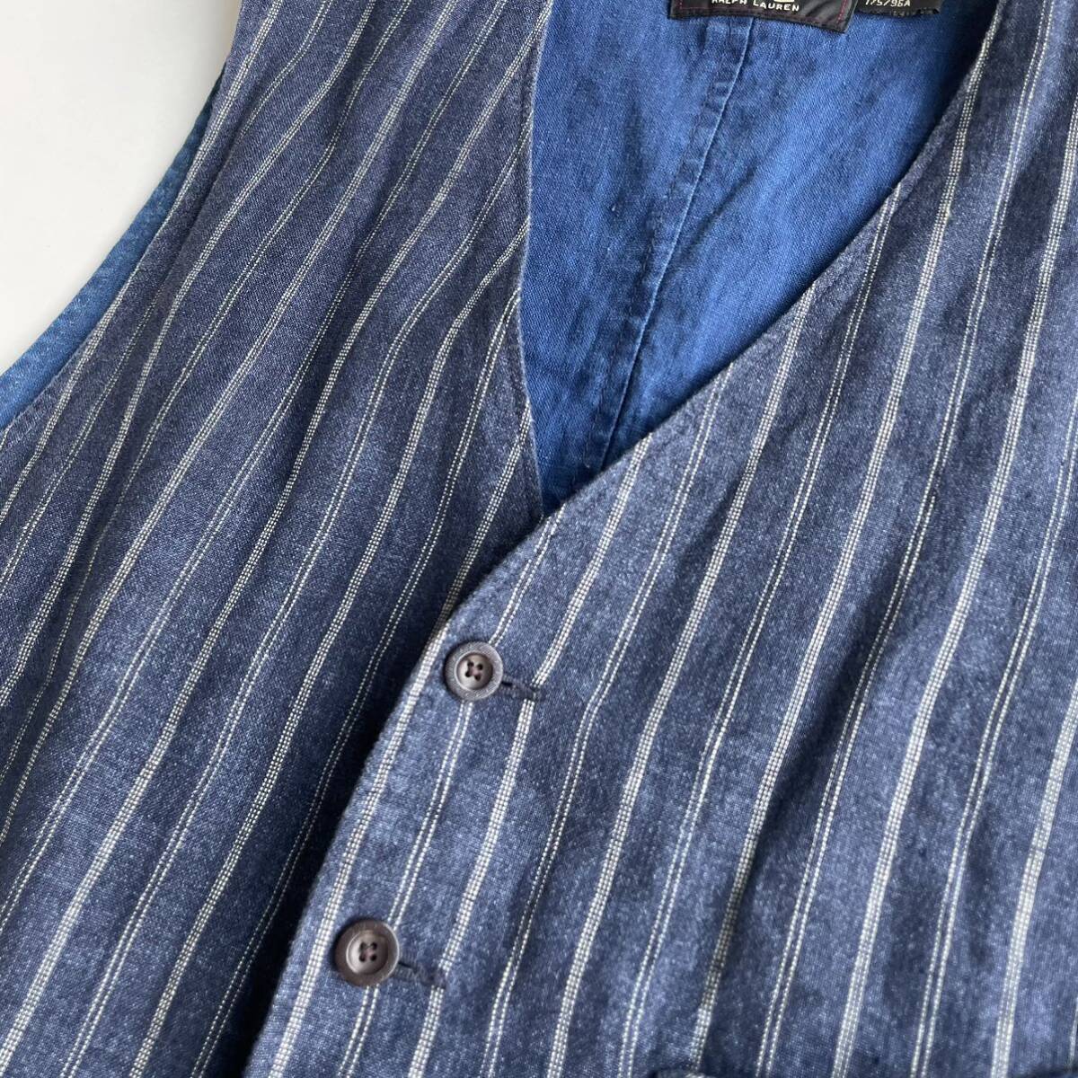 傑作】RRL “Indigo Linen Striped Vest” M ジョニーデップ ストライプ