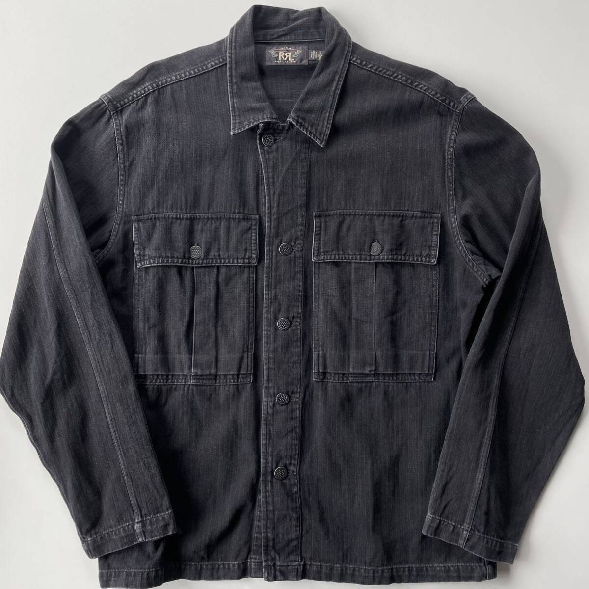 RRL “Black HBT Over Shirt” M ヘリンボーンツイル ブラック リネン