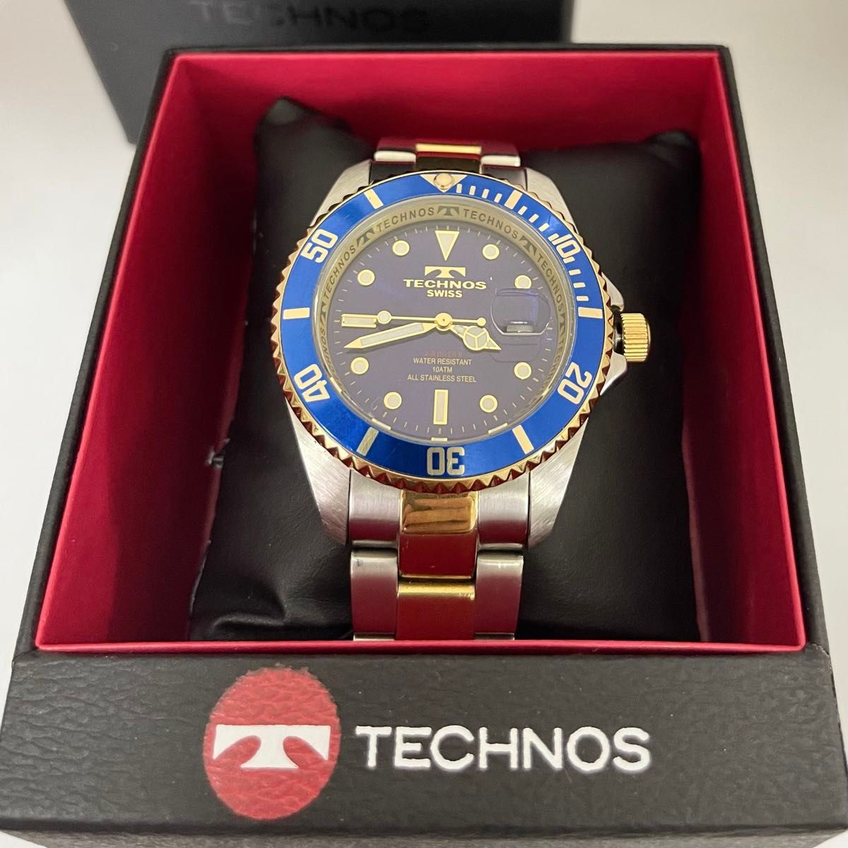 稼働 美品 TECHNOS ダイバーウォッチ ブルー テクノス メンズ腕時計 逆