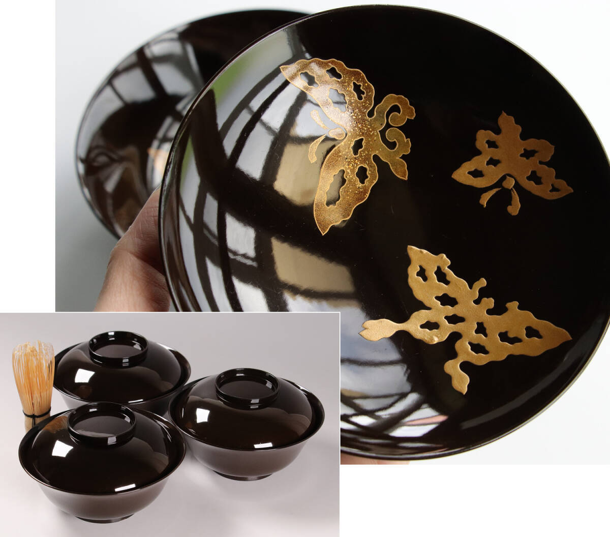 はなさん 輪島塗 松鶴図金蒔絵 黒漆 吸物椀 3客 は