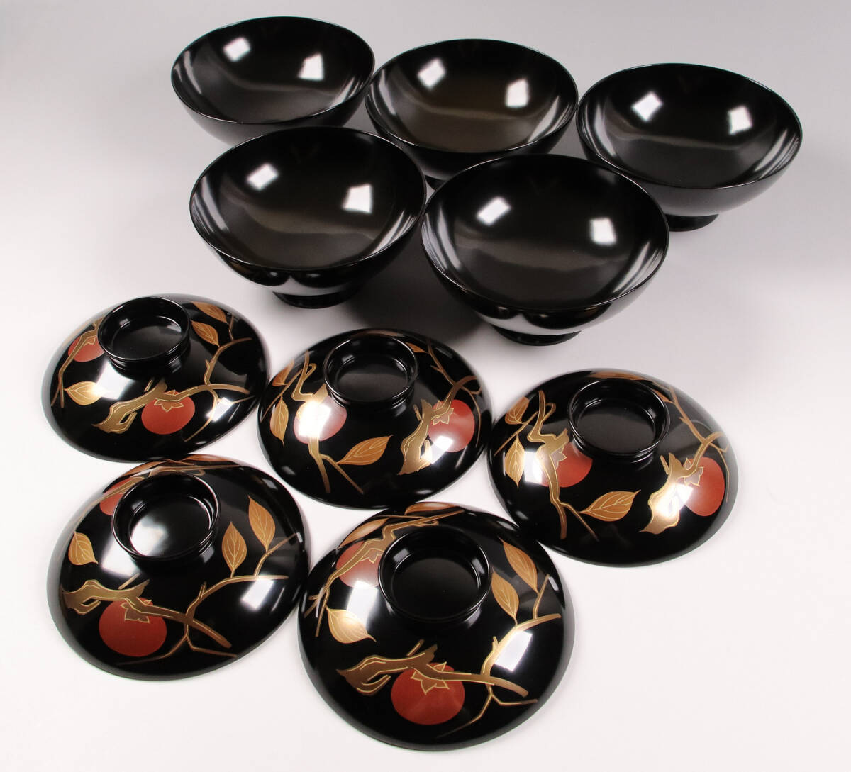 CK72 漆芸 木製漆器 輪島塗 柿蒔絵 黒塗御吸物椀 五客 / 伝統工芸品
