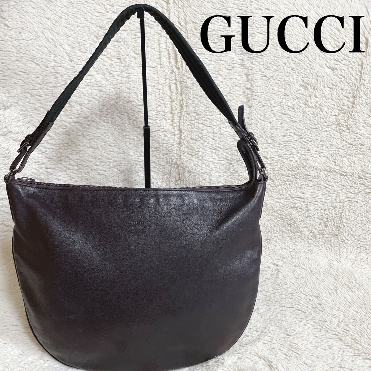 美品 GUCCI グッチ オールレザー ハーフムーン ショルダーバッグ ロゴ