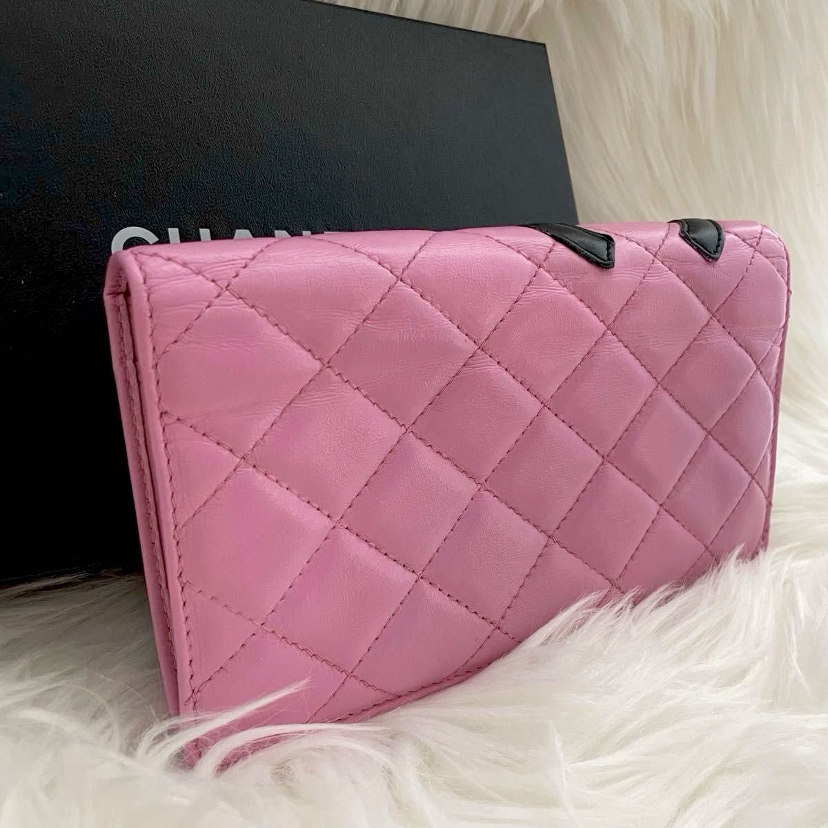 シャネル CHANEL二つ折り 長財布 カンボンライン ココマーク ピンク 黒