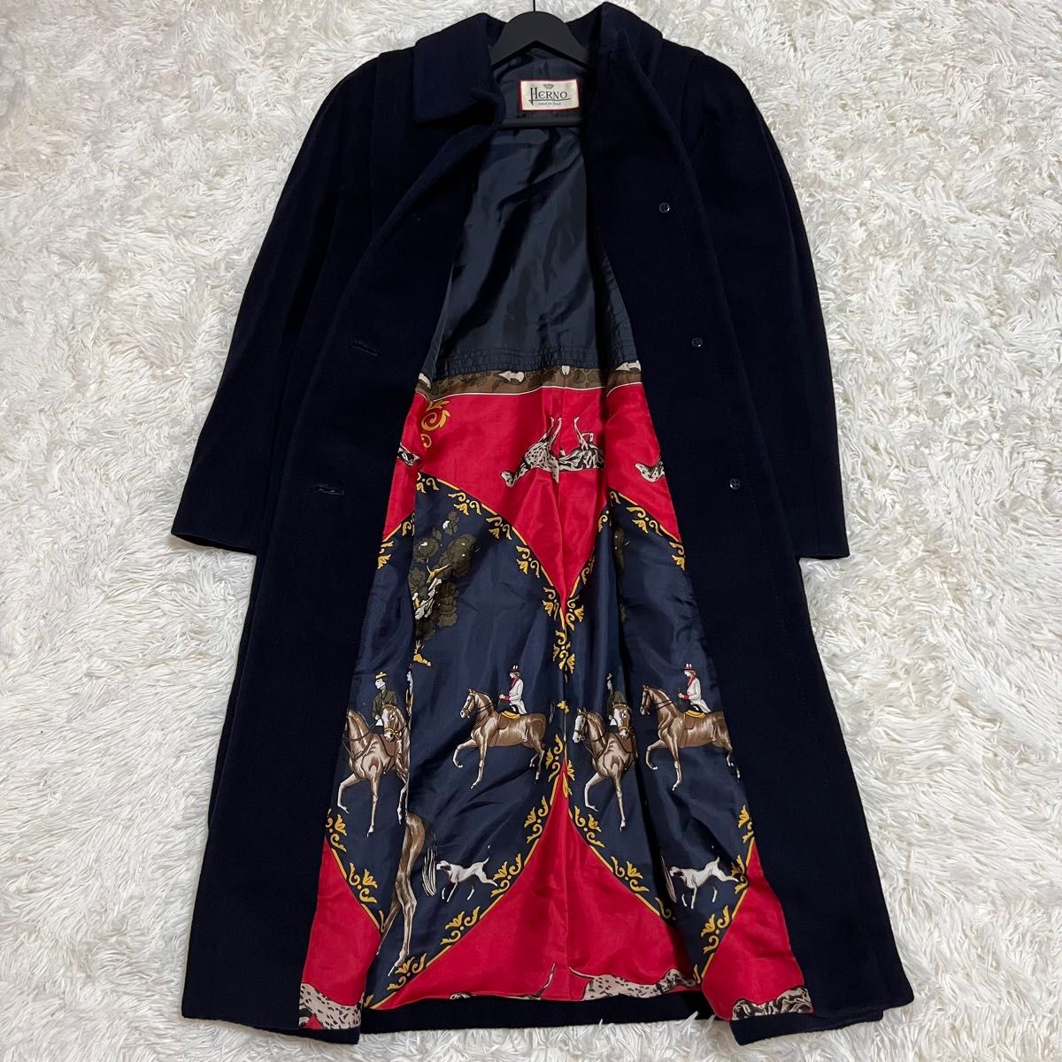 美品 ヘルノ チェスターコート ロング カシミヤ混 裏地派手濃紺 L相当