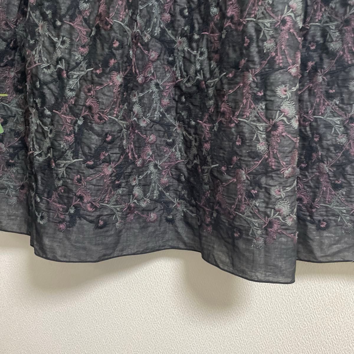 日本製 PJC 大西和子さん 花柄刺繍のスカート ブラック L LL ガーゼ