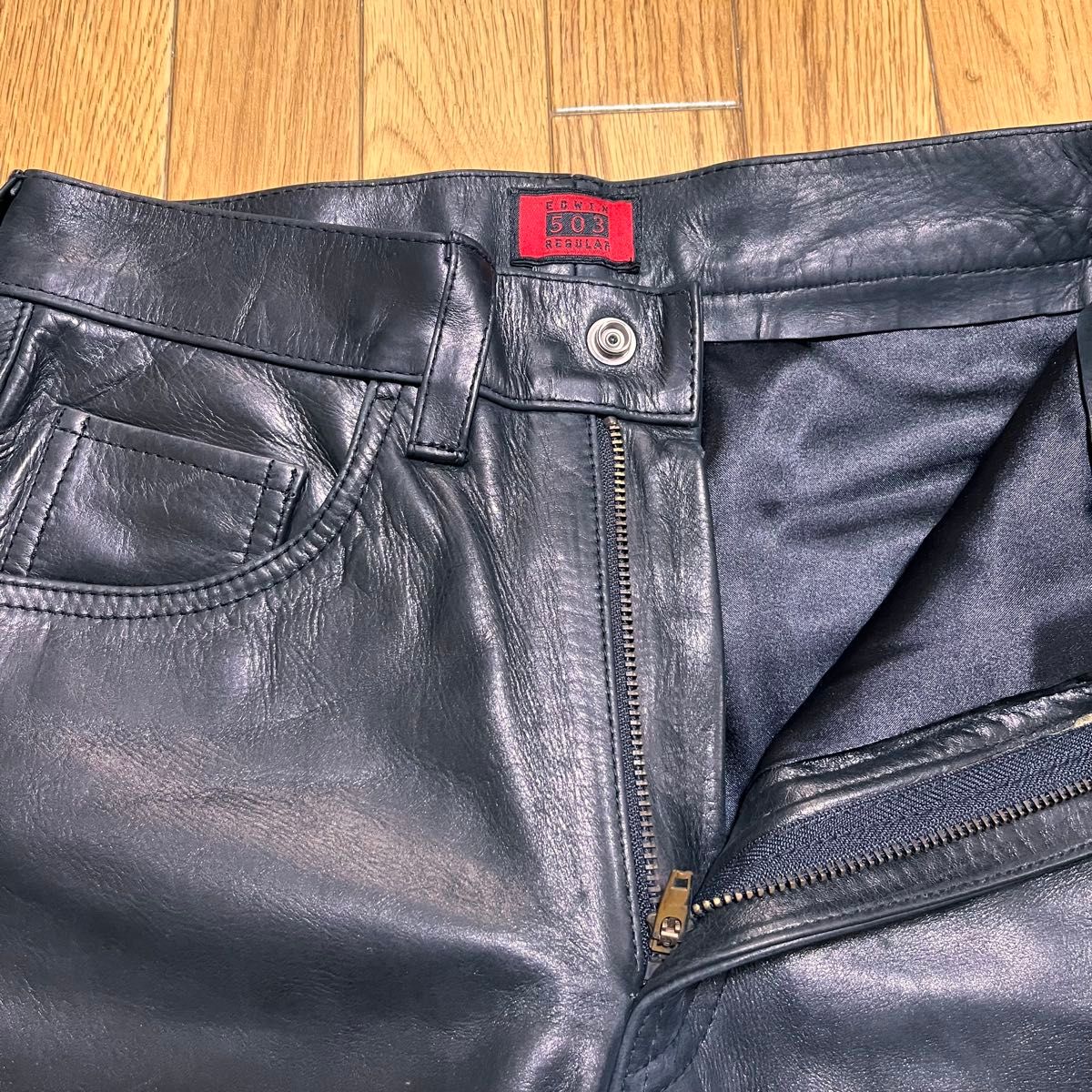 EDWIN 503 レザー パンツ 肉厚 本革 革パン ジーンズ S ブラック