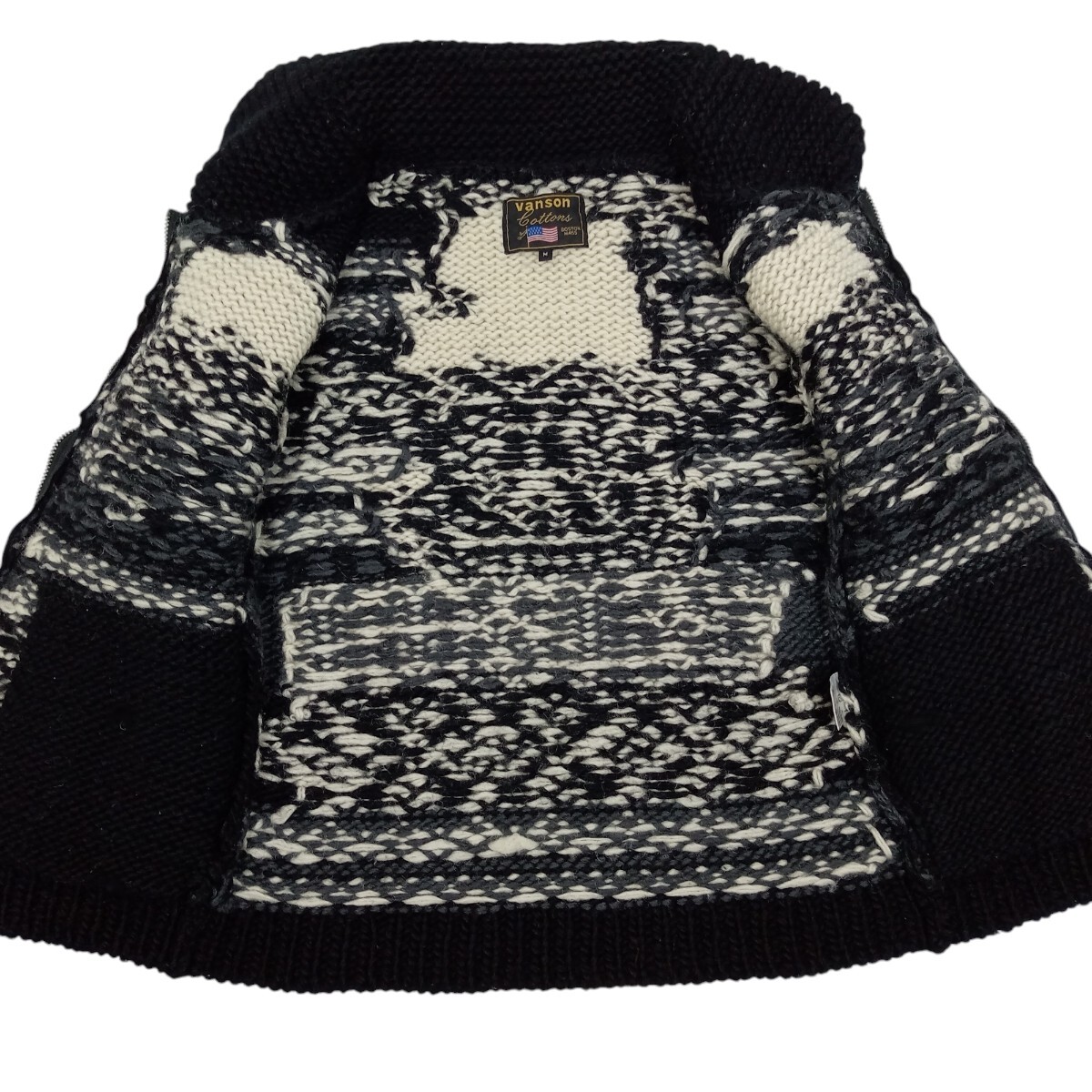 即決 良品 VANSON バンソン カウチン ニット セーター M 黒×白 スカル
