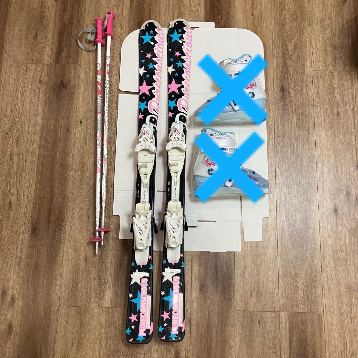 ピュアコンシャス スキー板120cm・ビンディング・ストック90cm 3点