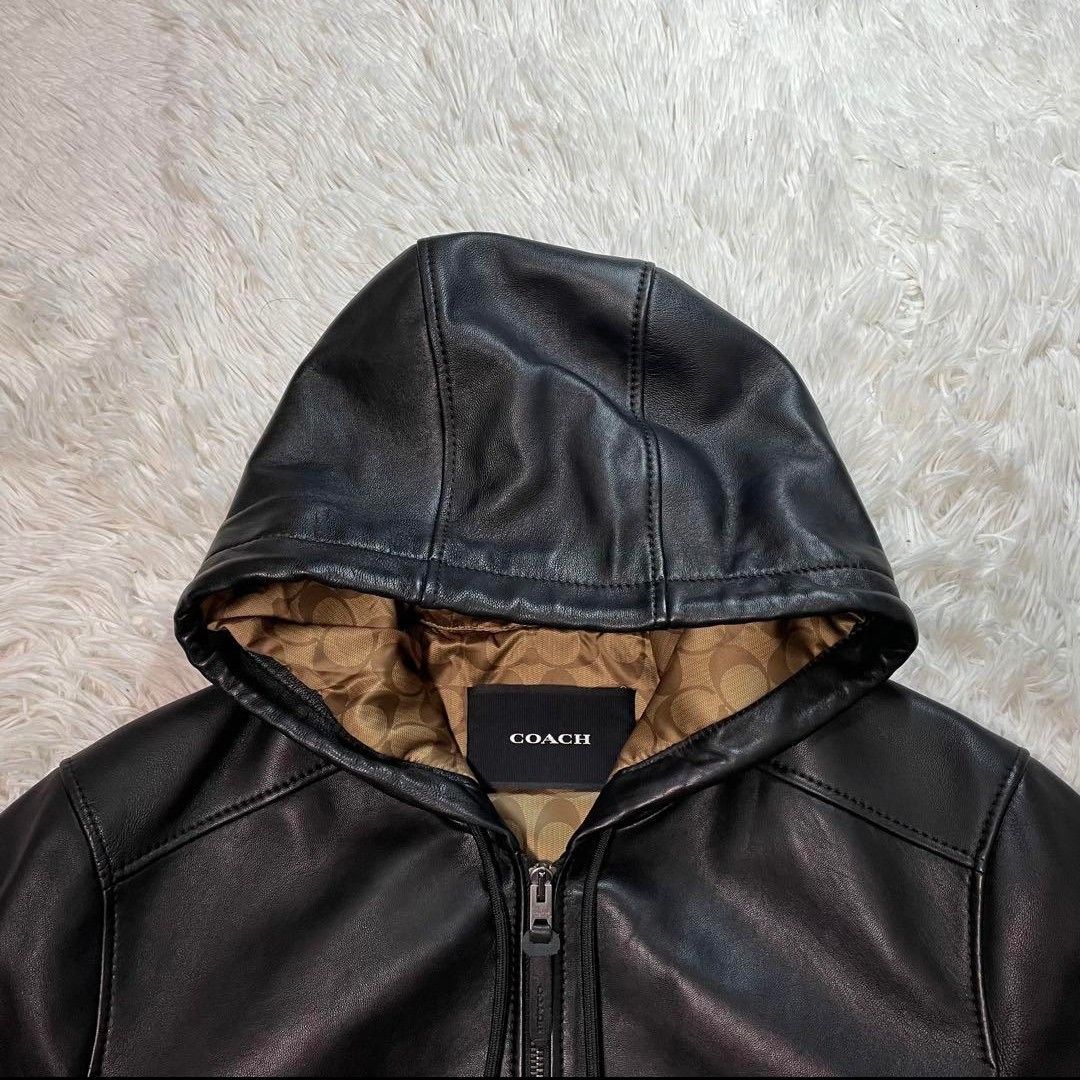 コーチ COACH 本革 レザーパーカー ラムレザー 裏地シグネチャー 黒 羊
